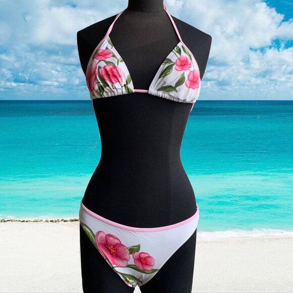 Billabong surf BLUE CRUSH era Vintage White & pink floral triangle set RARE - Picture 1 of 7